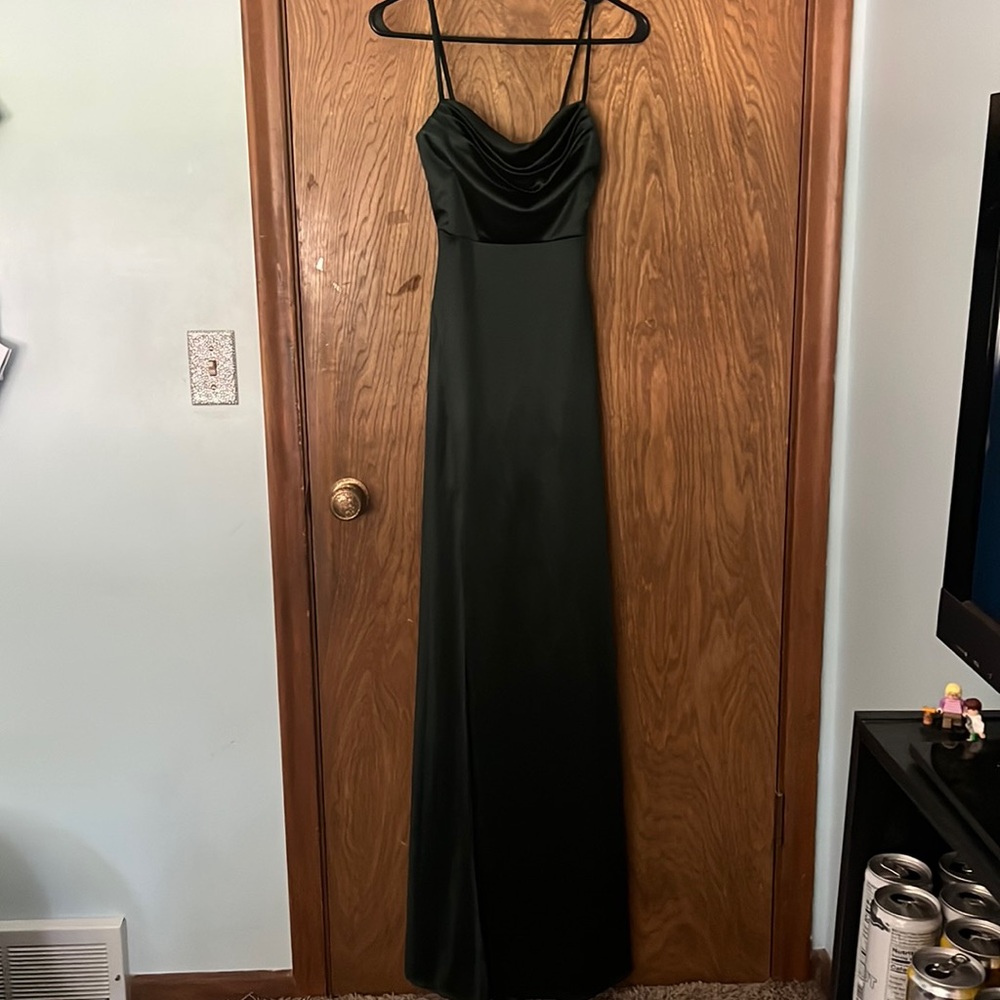 forest green prom dress, slit on right leg, from windsor size small